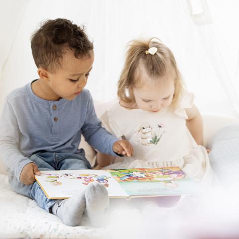 Kindergartenkinder lesen gemeinsam ein Buch